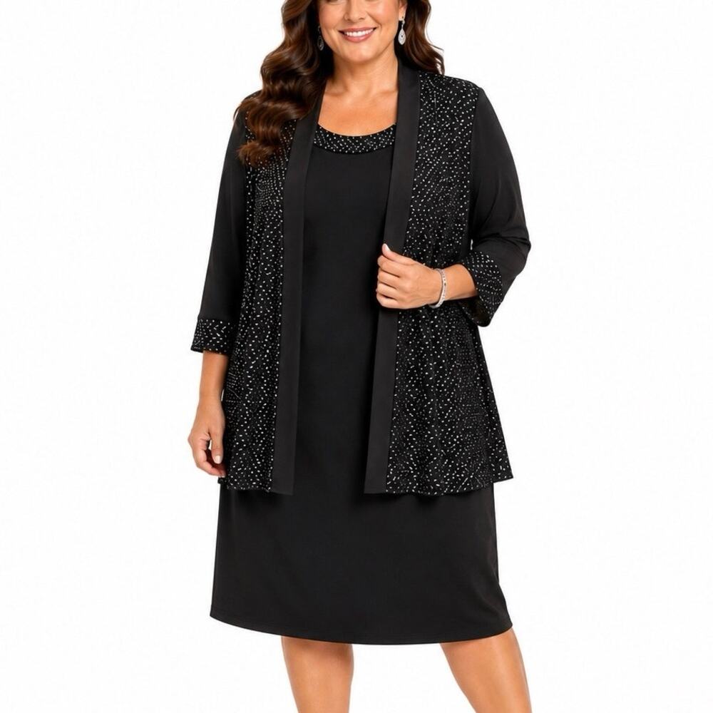 Catherines Jacket Dress Set Black Silver Shimmer Plus Size 1X 18/20W Stretch